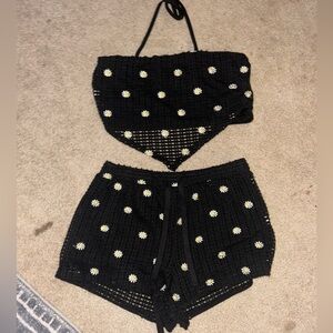 Black Crochet Daisy Two-Piece Set